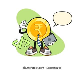 Indian rupee gold coin developer with speech bubble cartoon. Mascot Character vector.