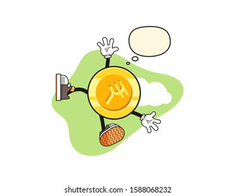 Indian rupee gold coin fall from sky with thought bubble cartoon. Mascot Character vector.