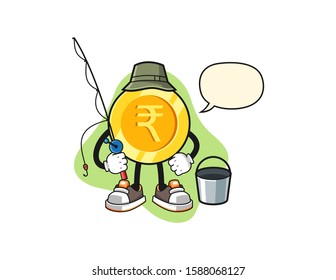 Indian rupee gold coin fisherman with speech bubble cartoon. Mascot Character vector.