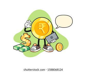 Indian rupee gold coin freelancer with speech bubble cartoon. Mascot Character vector.