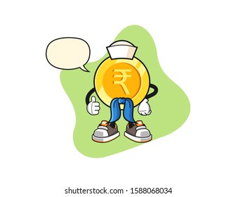Indian rupee gold coin sailor man with speech bubble cartoon. Mascot Character vector.
