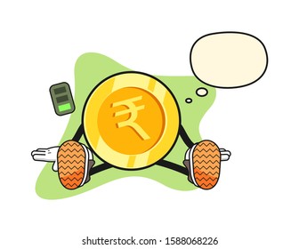 Indian rupee gold coin tired with thought bubble cartoon. Mascot Character vector.