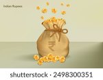 Indian Rupee Gold Coins Falling in Sack of Bag. Realistic 3D gold coins. Vector Illustration Concept for Savings, Casino, Fortune, Profit etc.