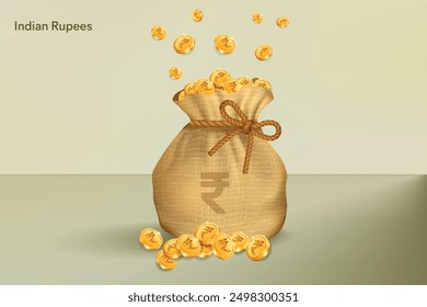 Indian Rupee Gold Coins Falling in Sack of Bag. Realistic 3D gold coins. Vector Illustration Concept for Savings, Casino, Fortune, Profit etc.