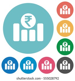 Indian Rupee graph flat white icons on round color backgrounds