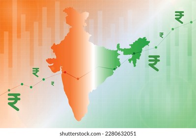 Indian Rupee Growth with Map of India on Tricolor background from India's National Flag showing bright future of Indian Economy.