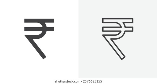 Indian rupee icon set in black flat solid and outlined style.