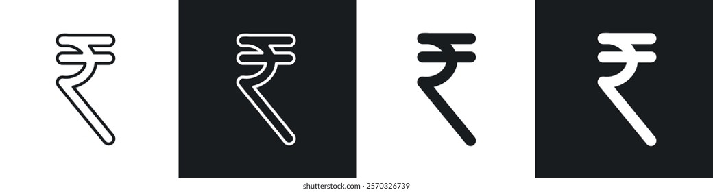 Indian rupee icons vectors set in black. line and flat versions