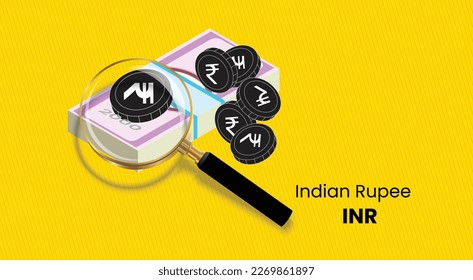 Indian rupee, INR  poster. Rupee coin and currency with magnifying glass concept.