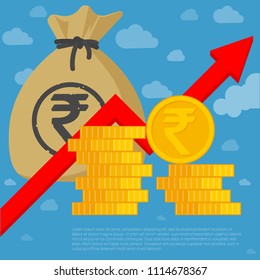 Indian rupee investment and saving financial  growing chart flat design vector template. Coins, money bag and arrow icon mock up.
