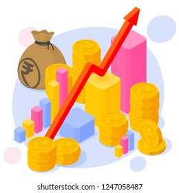 Indian rupee investment and saving financial  growing chart flat design vector template. Coins, money bag and arrow icon mock up.