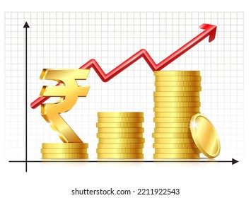 Indian rupee investment and saving financial growing chart template. Stack of Coins, symbol rupee currency and rising arrow. Vector illustration