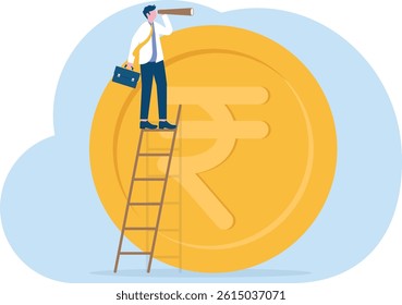 Indian Rupee Investment, Trader sitting on stack of Money, Investor Monitoring Analyzing profit graph

