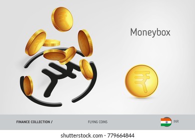 Indian Rupee money box with flying Indian Rupee coins, finance concept.Vector illustration for print, websites, web design, mobile app, infographics.
