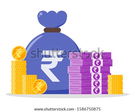 Indian Rupee money bundle and coin stack sack bag vector icon logo and design. India currency business, payment and finance element. Can be used for web, mobile, infographic, and print.