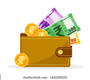 Dinero y moneda de la rupia india en un diseño plano de ilustración vectorial de cartera. Elemento de pago y finanzas de la India.  Se puede utilizar para web y móvil, infografía e impresión.