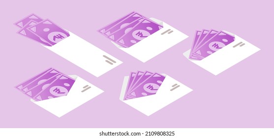 Dinero de rupia indio en sobre icono isométrico