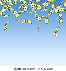 Indian rupee notes falling. Floating INR bills on blue sky background. India money. Charming vector illustration. Admirable jackpot, wealth or success concept.