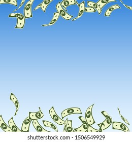 Indian rupee notes falling. Floating INR bills on blue sky background. India money. Brilliant vector illustration. Bewitching jackpot, wealth or success concept.