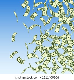 Indian rupee notes falling. Floating INR bills on blue sky background. India money. Captivating vector illustration. Charming jackpot, wealth or success concept.