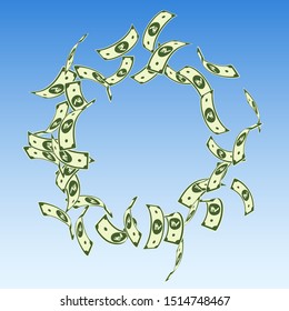 Indian rupee notes falling. Floating INR bills on blue sky background. India money. Captivating vector illustration. Graceful jackpot, wealth or success concept.