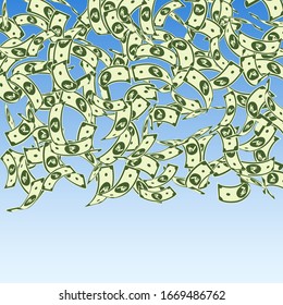Indian rupee notes falling. Floating INR bills on blue sky background. India money. Charming vector illustration. Stunning jackpot, wealth or success concept.