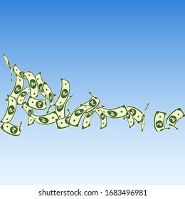 Indian rupee notes falling. Floating INR bills on blue sky background. India money. Charming vector illustration. Mind-blowing jackpot, wealth or success concept.