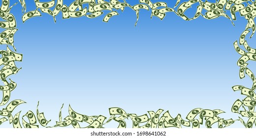 Indian rupee notes falling. Floating INR bills on blue sky background. India money. Classic vector illustration. Wondrous jackpot, wealth or success concept.