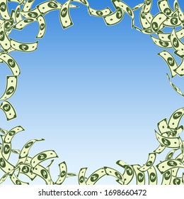 Indian rupee notes falling. Floating INR bills on blue sky background. India money. Brilliant vector illustration. Mesmeric jackpot, wealth or success concept.