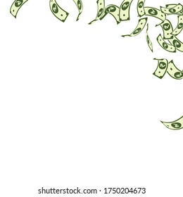 Indian rupee notes falling. Floating INR bills on white background. India money. Breathtaking vector illustration. Splendid jackpot, wealth or success concept.