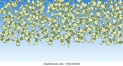 Indian rupee notes falling. Floating INR bills on blue sky background. India money. Classy vector illustration. Beauteous jackpot, wealth or success concept.