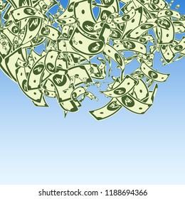 Indian rupee notes falling. Messy INR bills on blue sky background. India money. Classic vector illustration. Cute jackpot, wealth or success concept.