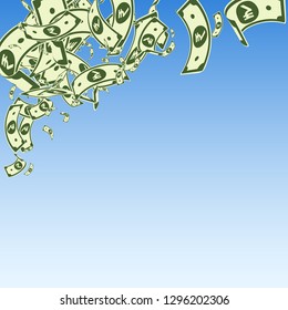 Indian rupee notes falling. Messy INR bills on blue sky background. India money. Classic vector illustration. Actual jackpot, wealth or success concept.