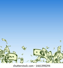 Indian rupee notes falling. Messy INR bills on blue sky background. India money. Breathtaking vector illustration. Great jackpot, wealth or success concept.