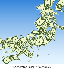 Indian rupee notes falling. Messy INR bills on blue sky background. India money. Brilliant vector illustration. Amusing jackpot, wealth or success concept.