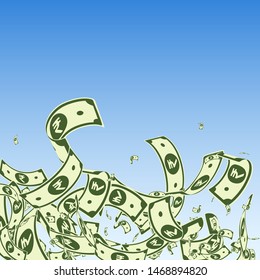 Indian rupee notes falling. Messy INR bills on blue sky background. India money. Captivating vector illustration. Outstanding jackpot, wealth or success concept.