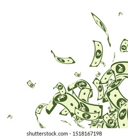 Indische Rupien-Noten fallen. Messy INR-Scheine auf weißem Hintergrund. Indien-Geld. Charmante Vektorillustration. Dramatischer Jackpot, Reichtum oder Erfolgskonzept.