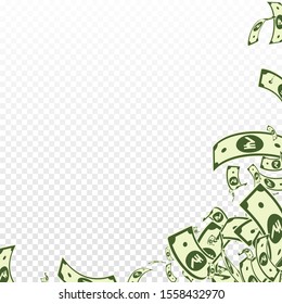 Indian rupee notes falling. Messy INR bills on transparent background. India money. Breathtaking vector illustration. Precious jackpot, wealth or success concept.