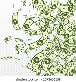 Indian rupee notes falling. Messy INR bills on transparent background. India money. Captivating vector illustration. Cool jackpot, wealth or success concept.