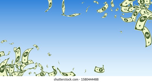 Indian rupee notes falling. Messy INR bills on blue sky background. India money. Classic vector illustration. Exotic jackpot, wealth or success concept.