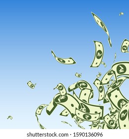 Indian rupee notes falling. Messy INR bills on blue sky background. India money. Charming vector illustration. Delightful jackpot, wealth or success concept.