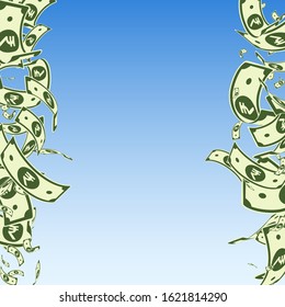 Indian rupee notes falling. Messy INR bills on blue sky background. India money. Brilliant vector illustration. Symmetrical jackpot, wealth or success concept.