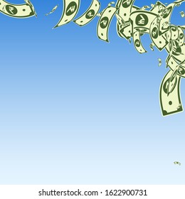 Indian rupee notes falling. Messy INR bills on blue sky background. India money. Breathtaking vector illustration. Stunning jackpot, wealth or success concept.