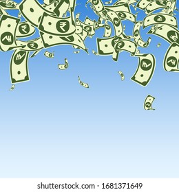 Indian rupee notes falling. Messy INR bills on blue sky background. India money. Charming vector illustration. Alluring jackpot, wealth or success concept.
