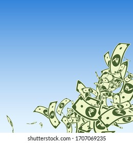 Las rupias indias caen. El desordenado INR cuenta con un fondo azul del cielo. Dinero indio. Brillante ilustración vectorial. Buen trabajo, riqueza o concepto de éxito.