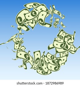 Las notas de rupia indias caen. El desordenado INR cuenta con un fondo azul del cielo. Dinero indio. Ilustración vectorial cautivadora. Depósito ideal, riqueza o concepto de éxito.