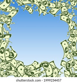 Indian rupee notes falling. Messy INR bills on blue sky background. India money. Brilliant vector illustration. Juicy jackpot, wealth or success concept.