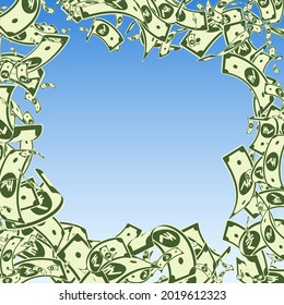 Las notas de rupia indias caen. El desordenado INR cuenta con un fondo azul del cielo. Dinero indio. Brillante ilustración vectorial. Jugoso pozo, riqueza o concepto de éxito.