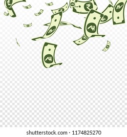 Indian rupee notes falling. Random INR bills on transparent background. India money. Charming vector illustration. Artistic jackpot, wealth or success concept.