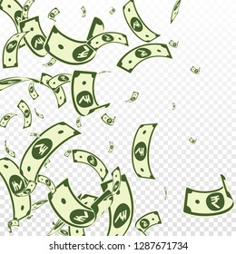 Indian rupee notes falling. Random INR bills on transparent background. India money. Brilliant vector illustration. Ravishing jackpot, wealth or success concept.